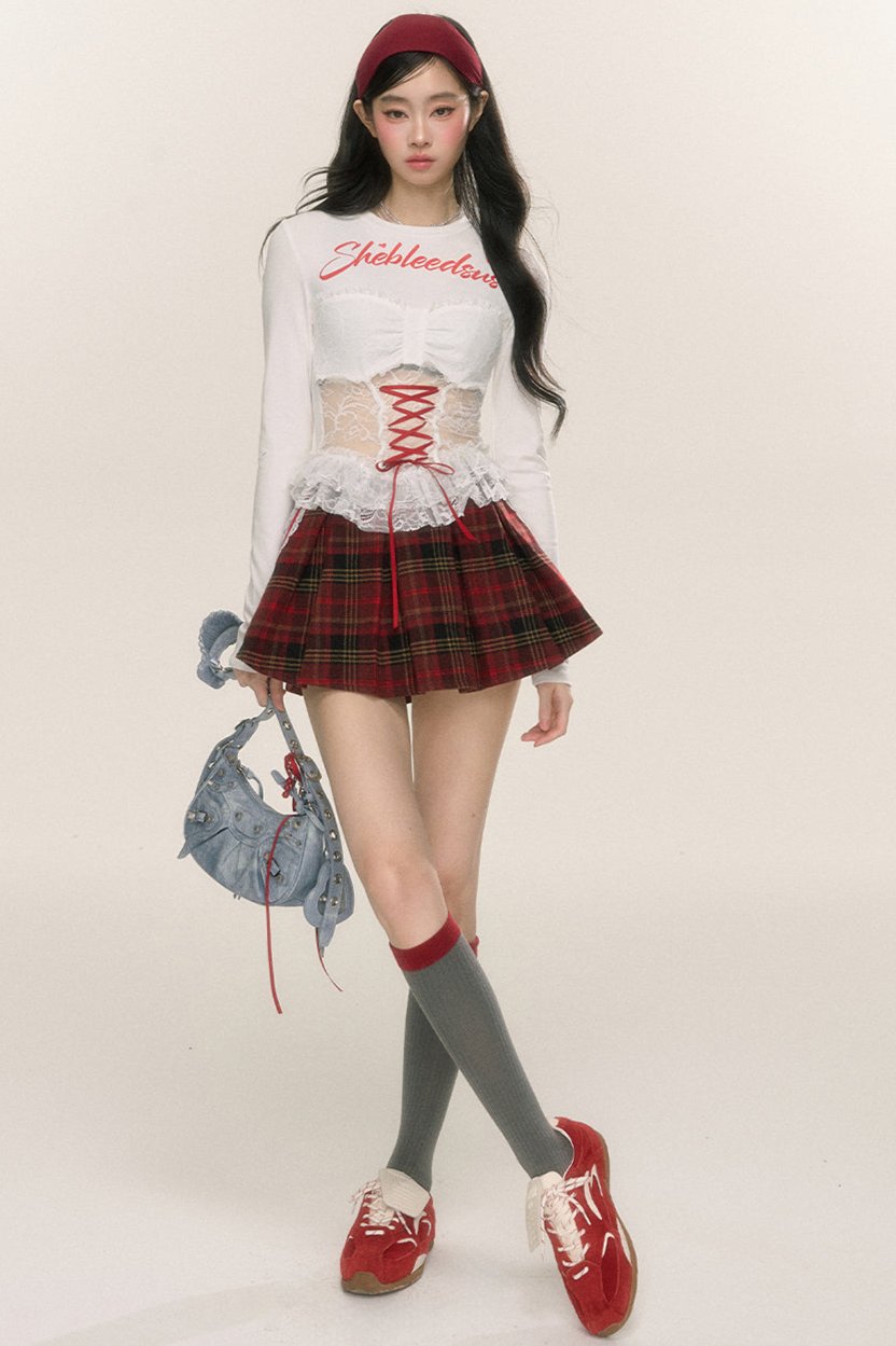 [On sale at 20 o'clock on September 26th] less also eye Scottish love poems red plaid lace skirt women's early autumn