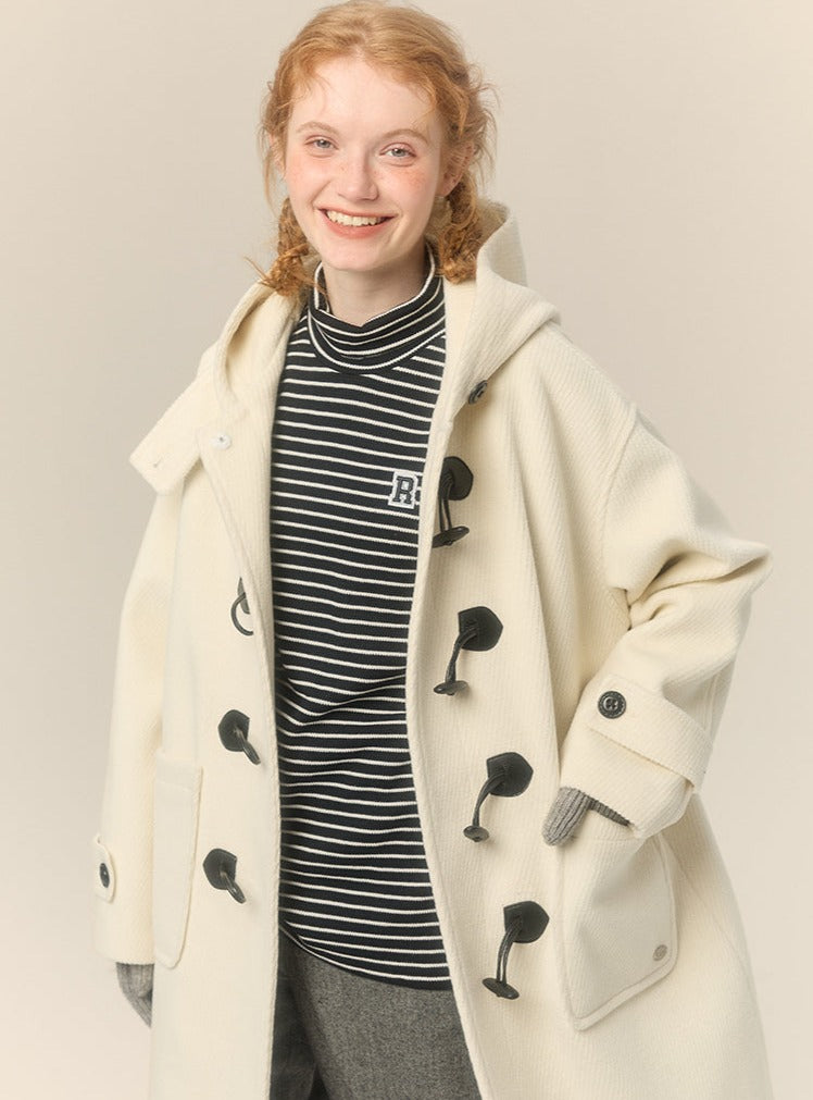 hooded mid-length horn button woolen coat