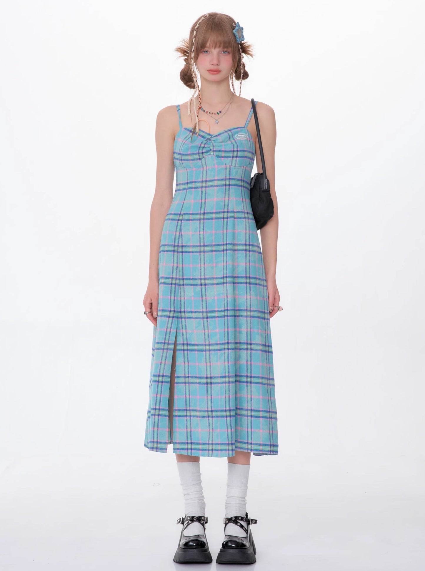 Vintage Check Taille Cinched Babes Blaues Kleid