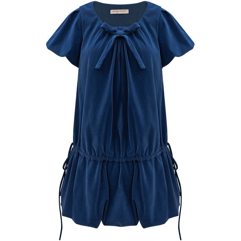 Deep Blue Velvet Bow Dress