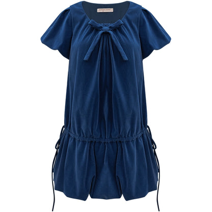 Deep Blue Velvet Bow Dress