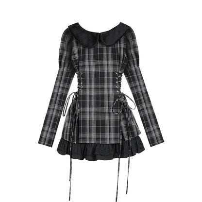 Pinched waist plaid lace-up dress