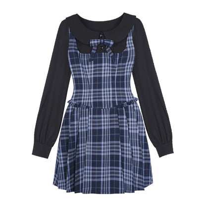 블루와 블랙 체크 가짜 투피스 드레스 