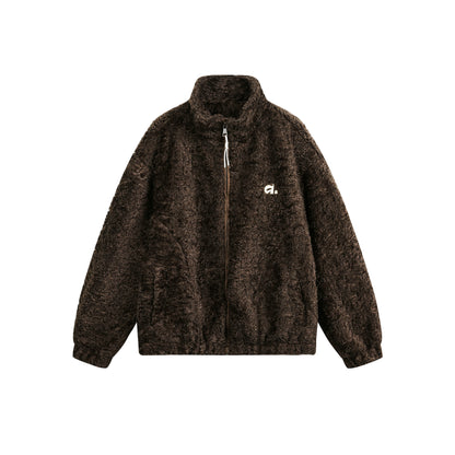 Embroidered Fleece Stand Collar Jacket