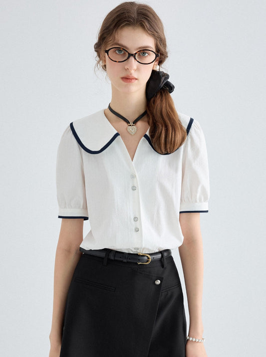 Elegant Contrast Lapel Short Sleeve Top