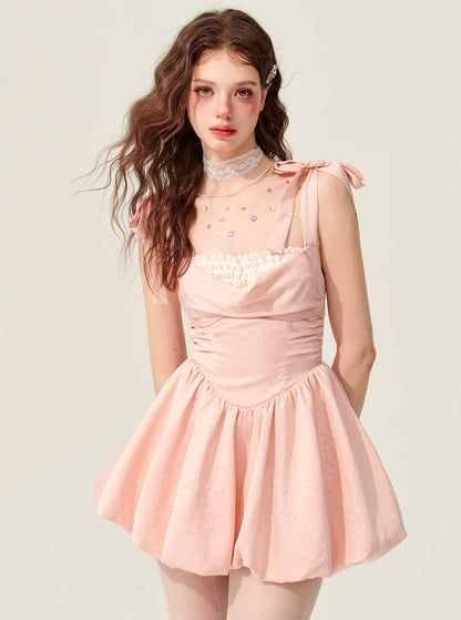 Weniger Auge Toffee besondere rosa Tupfen Kleid Frauen Sommer Design Sinn Sommerkleid Französisch süßen Tutu-Rock