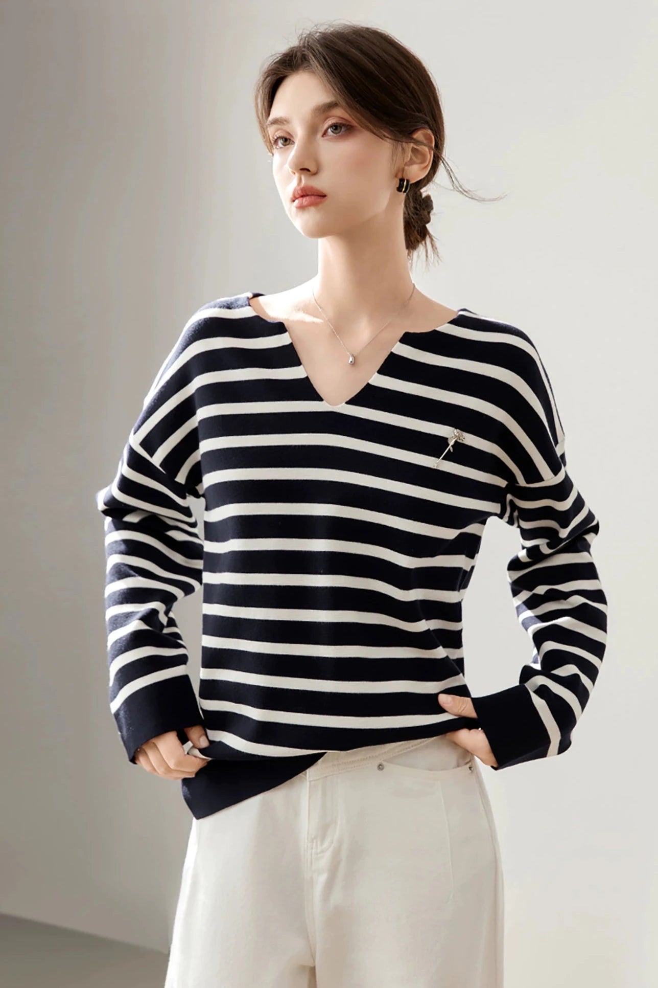 Striped V-Neck Loose Knit Sweater