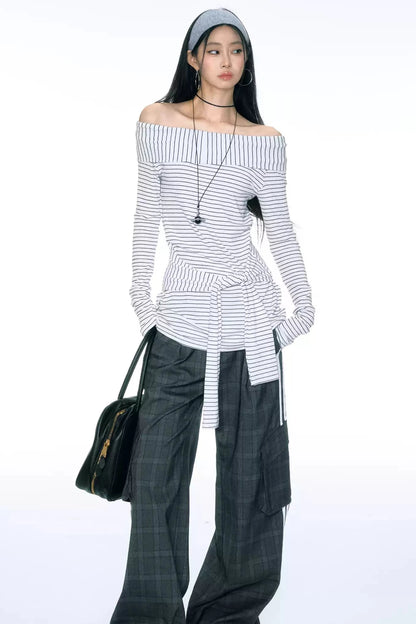 [Curriges September 26th New Arrivals] autumn and winter new one-shoulder striped waist tie long top