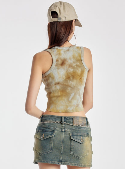 Round Neck Retro Tie-Dye Fitted Vest Top