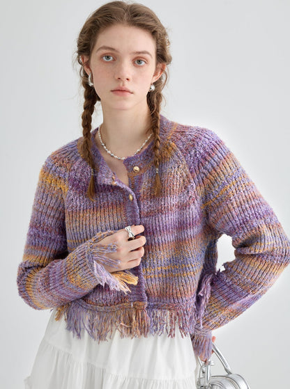 Raw-edged knitted cardigan tops