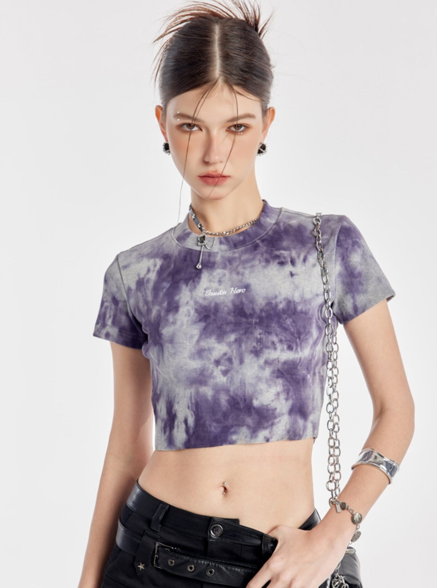 Purple Tie-Dye Embroidered Crop Top