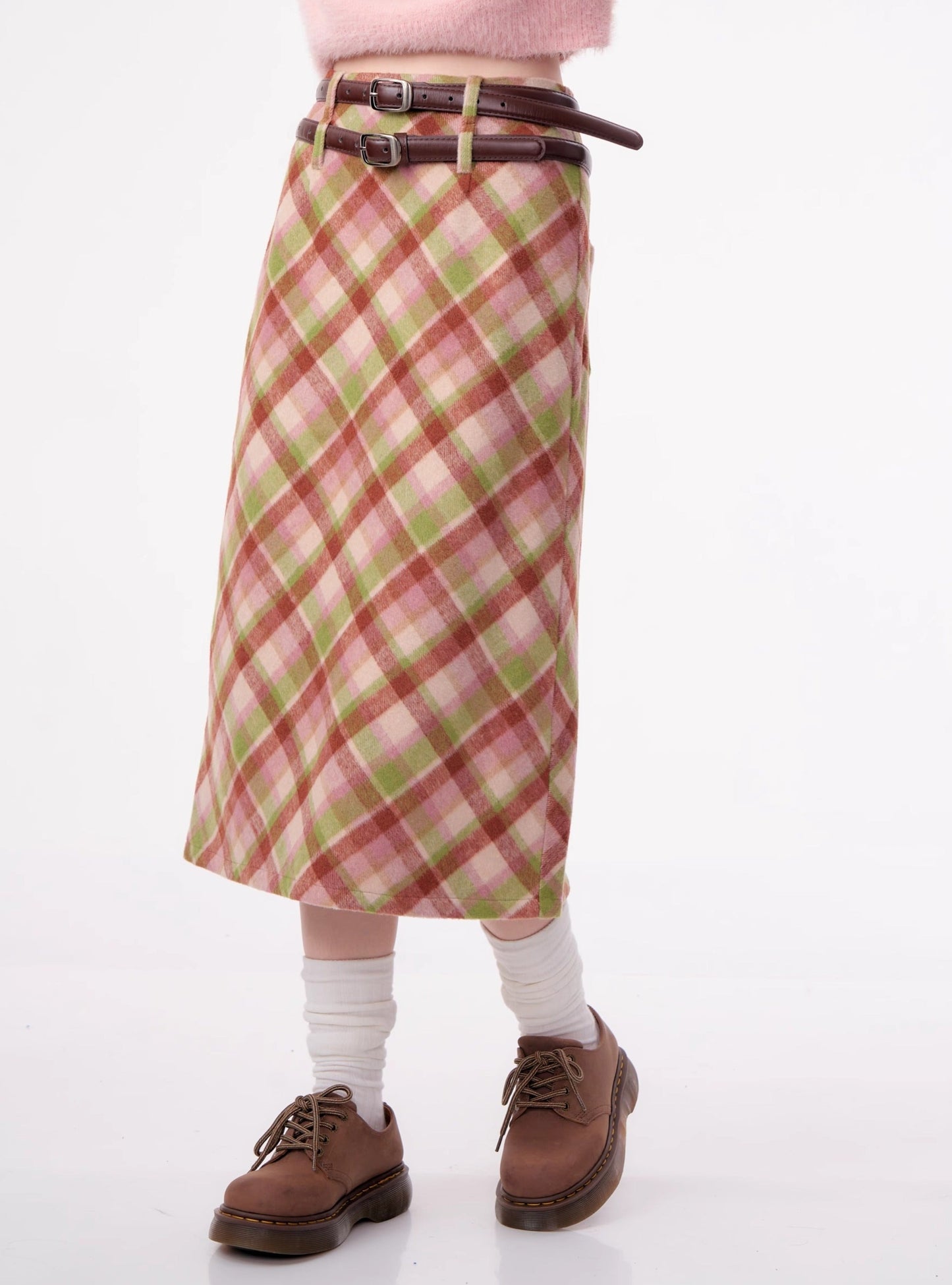 High-waisted check mid-length plaid Skirt