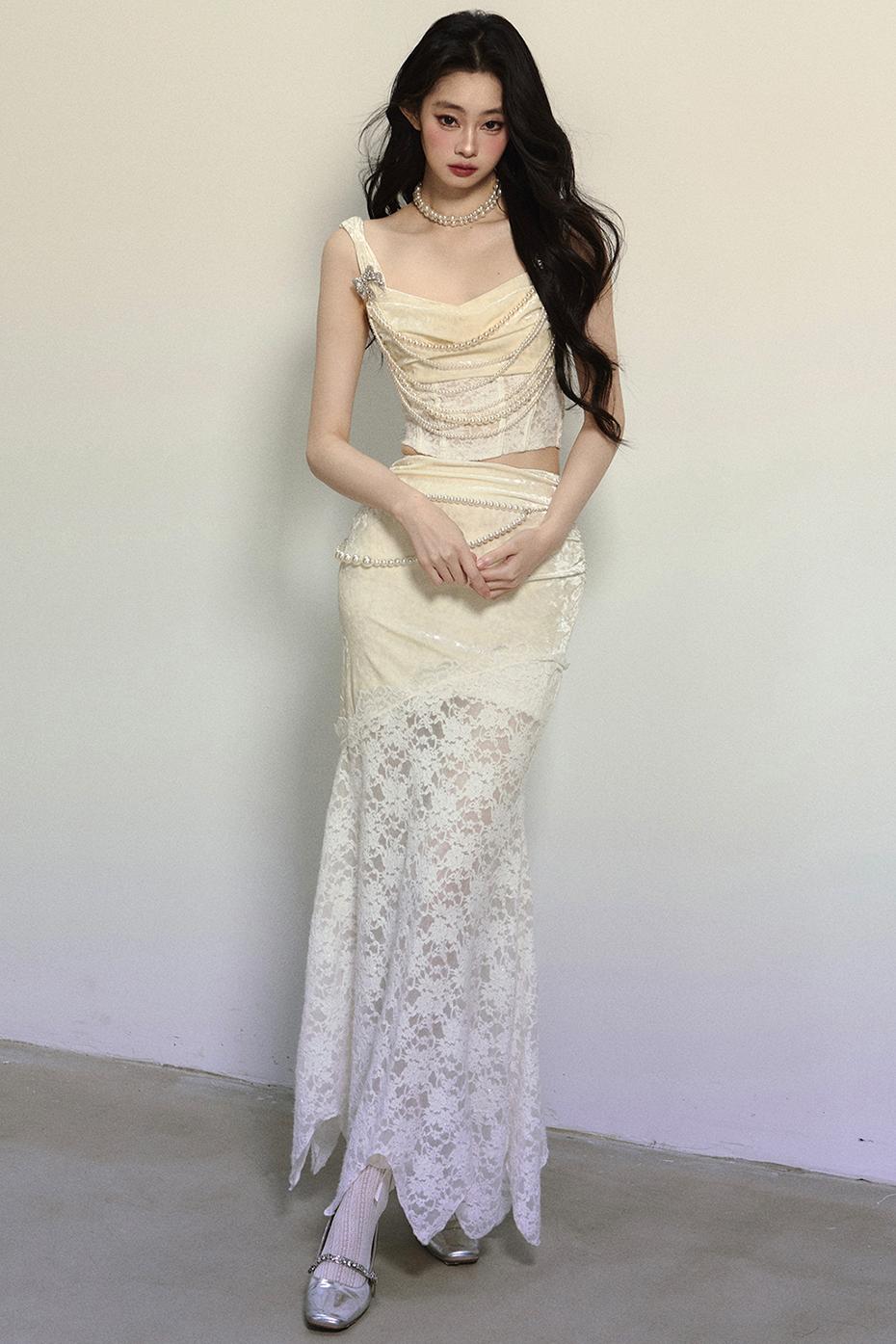 Gilt Night Banquet Lace Vest & Fishtail Skirt Set-Up