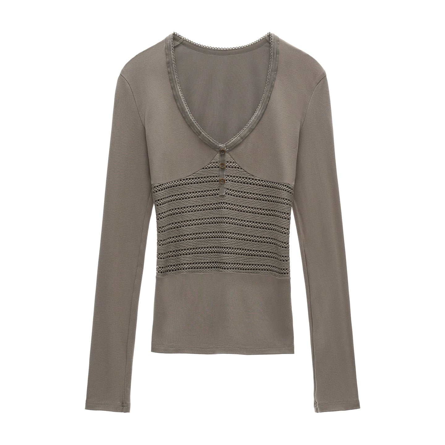 Patchwork V-Neck Long-Sleeved T-Shirt