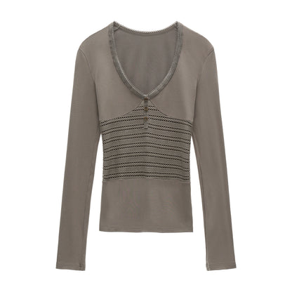 Patchwork V-Neck Long-Sleeved T-Shirt