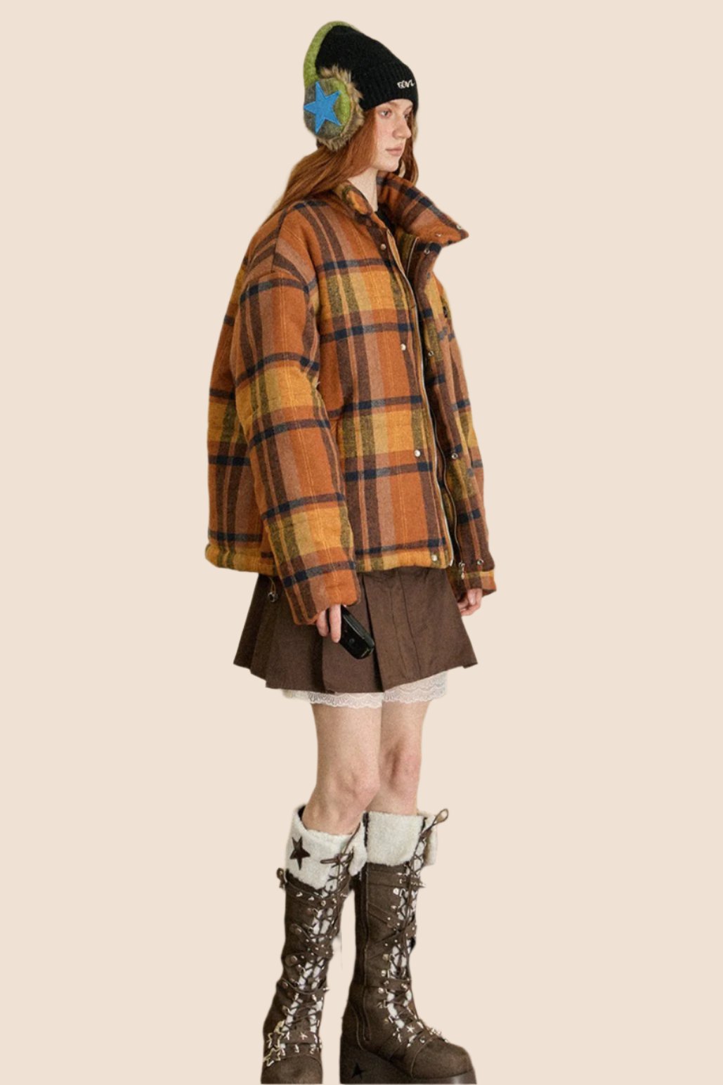 EZEK American Retro Plaid Stand Collar Down Cotton Jacket Women's Autumn and Winter New Loose Warm Bread Jacket Contrast Jacket