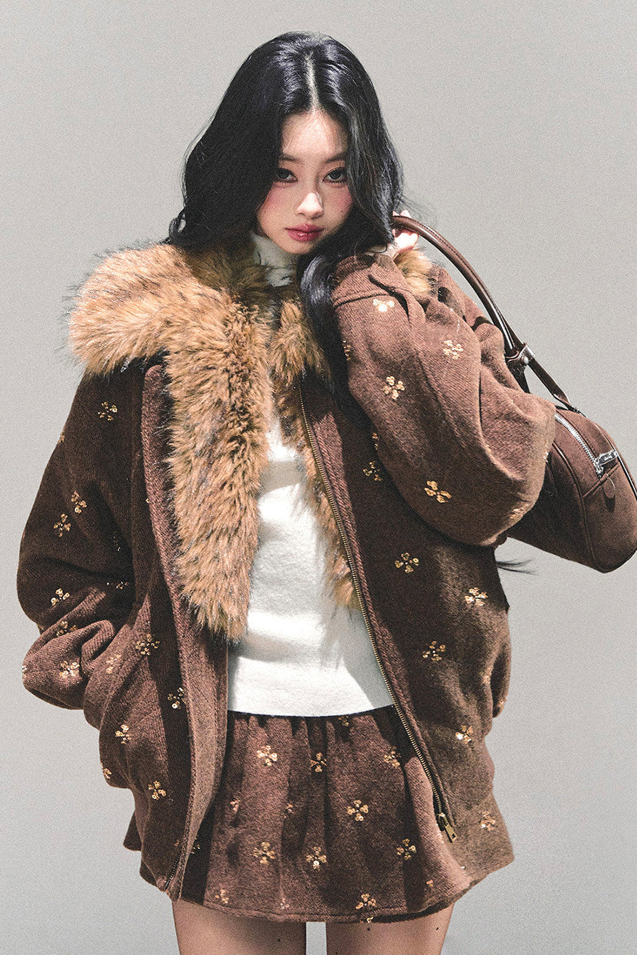 Maillard Wool Jacket With Skirt Set-Up