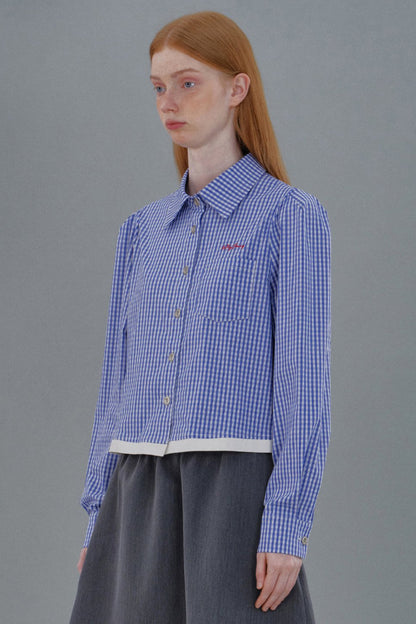 Lapel Check Cropped Princess Sleeves Shirt