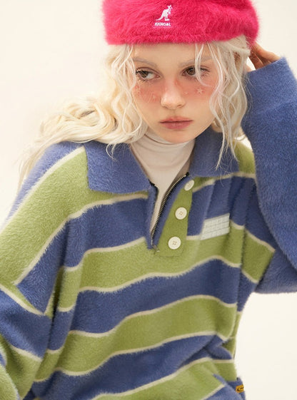 Irregular color contrast striped zipper sweater