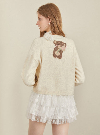 Bear Crew Neck Wool Cardigan Top