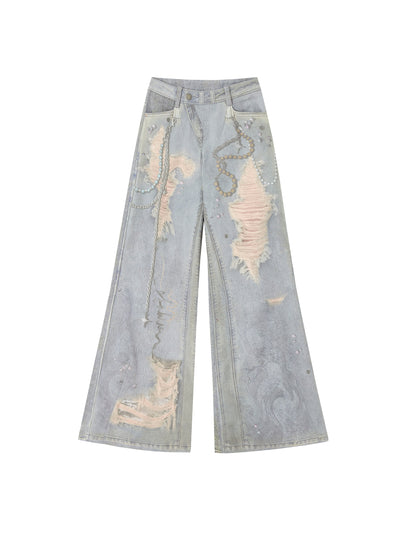 Ripped Faux-Denim Flared Pants