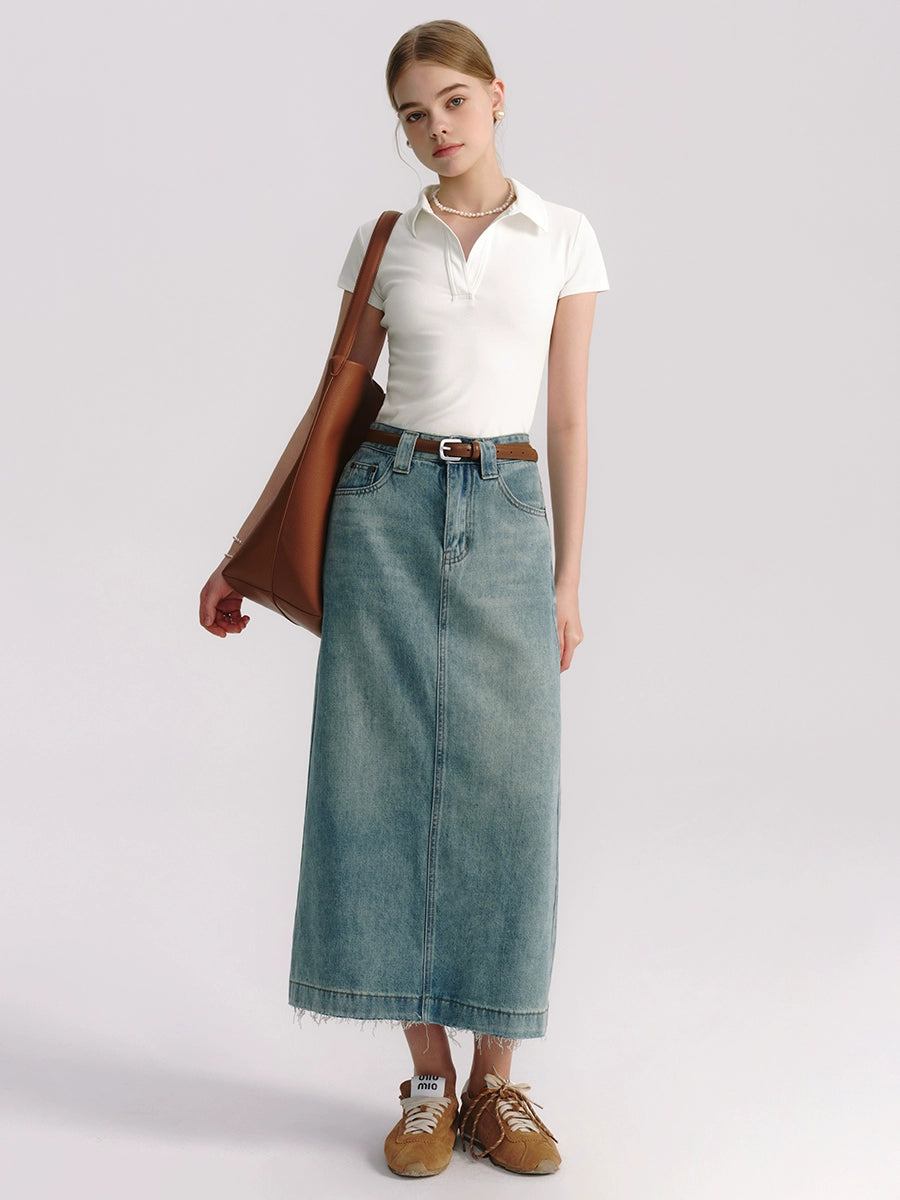 Retro Blue Washed Denim Skirt