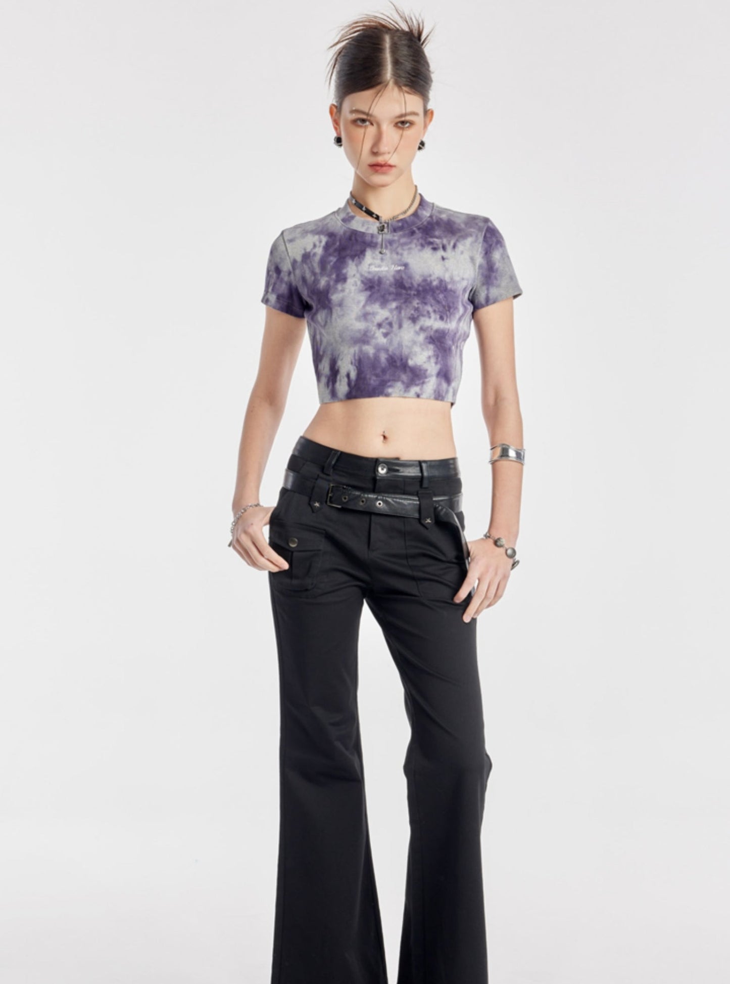 Purple Tie-Dye Embroidered Crop Top