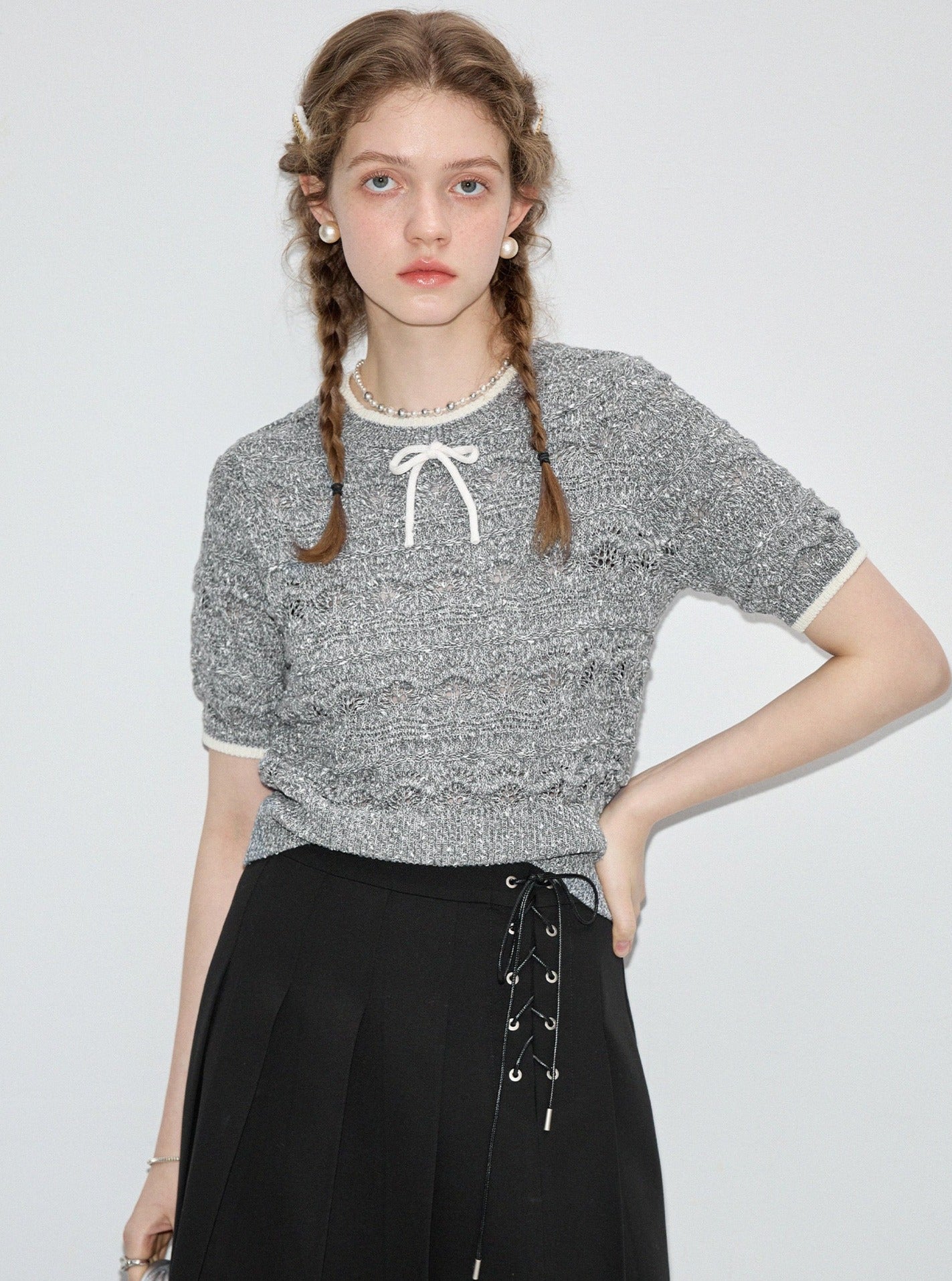 Hollow Knit Short Sleeve Pullover Top