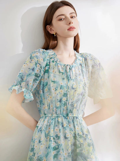 Pressed Pleats Gentle A-Line Floral Dress