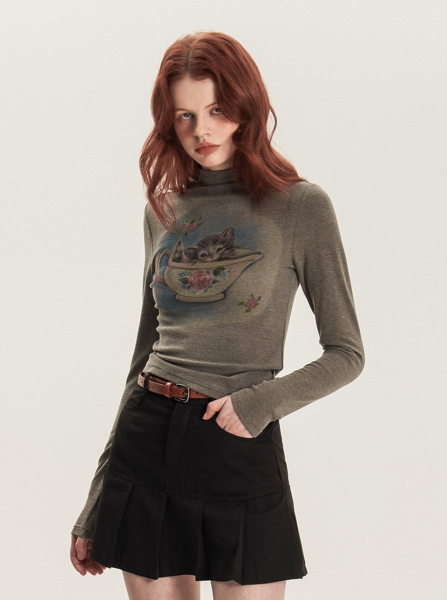 American vintage high neck long sleeve T-shirt top