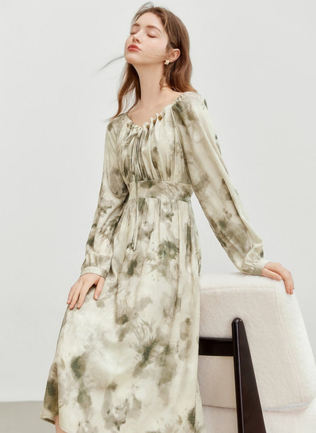 MEETLADY Ink Smudge Chiffon Long Sleeve Dress Women's Fall 2024 New French Elegant Waist-cinching Tea Dress