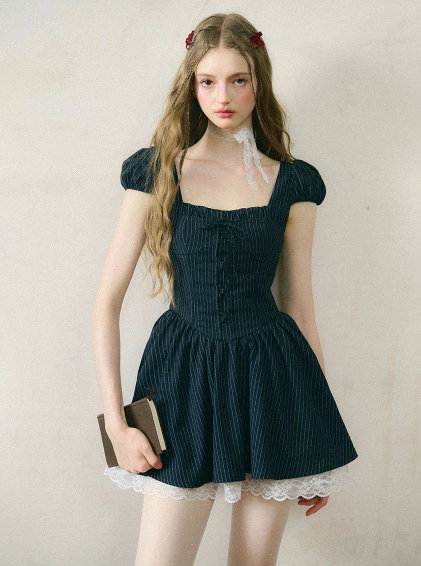 Galaxy Lace Striped Puff Sleeve Dress