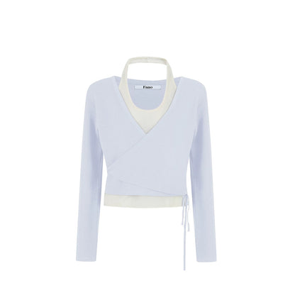 Color-Blocked Lace-Up Knit Top