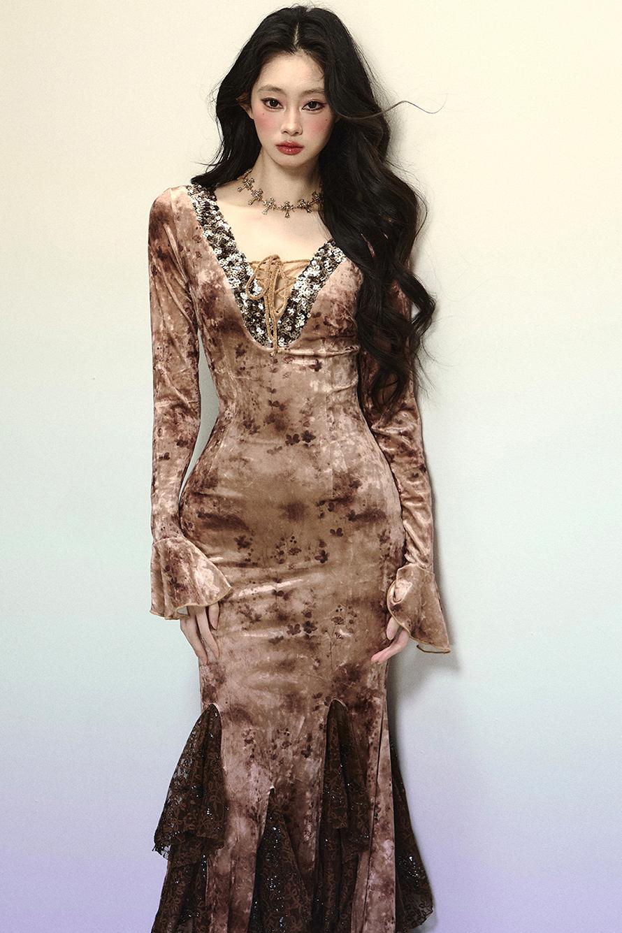 Deep V Mermaid Lace Dress