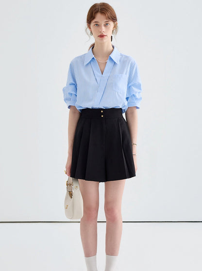 French V-Neck Casual Shirt And Skirt Set-Up