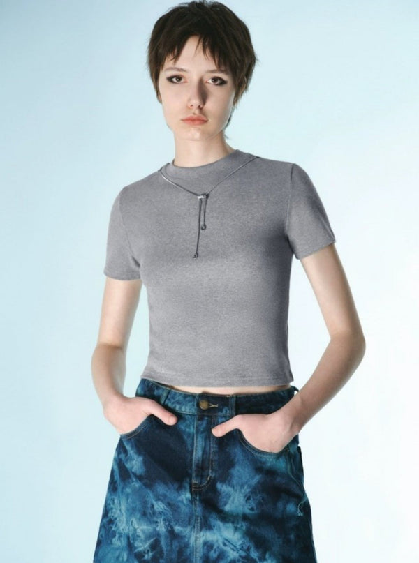Embellished Chain Crew Neck Slim Short T-Shirt