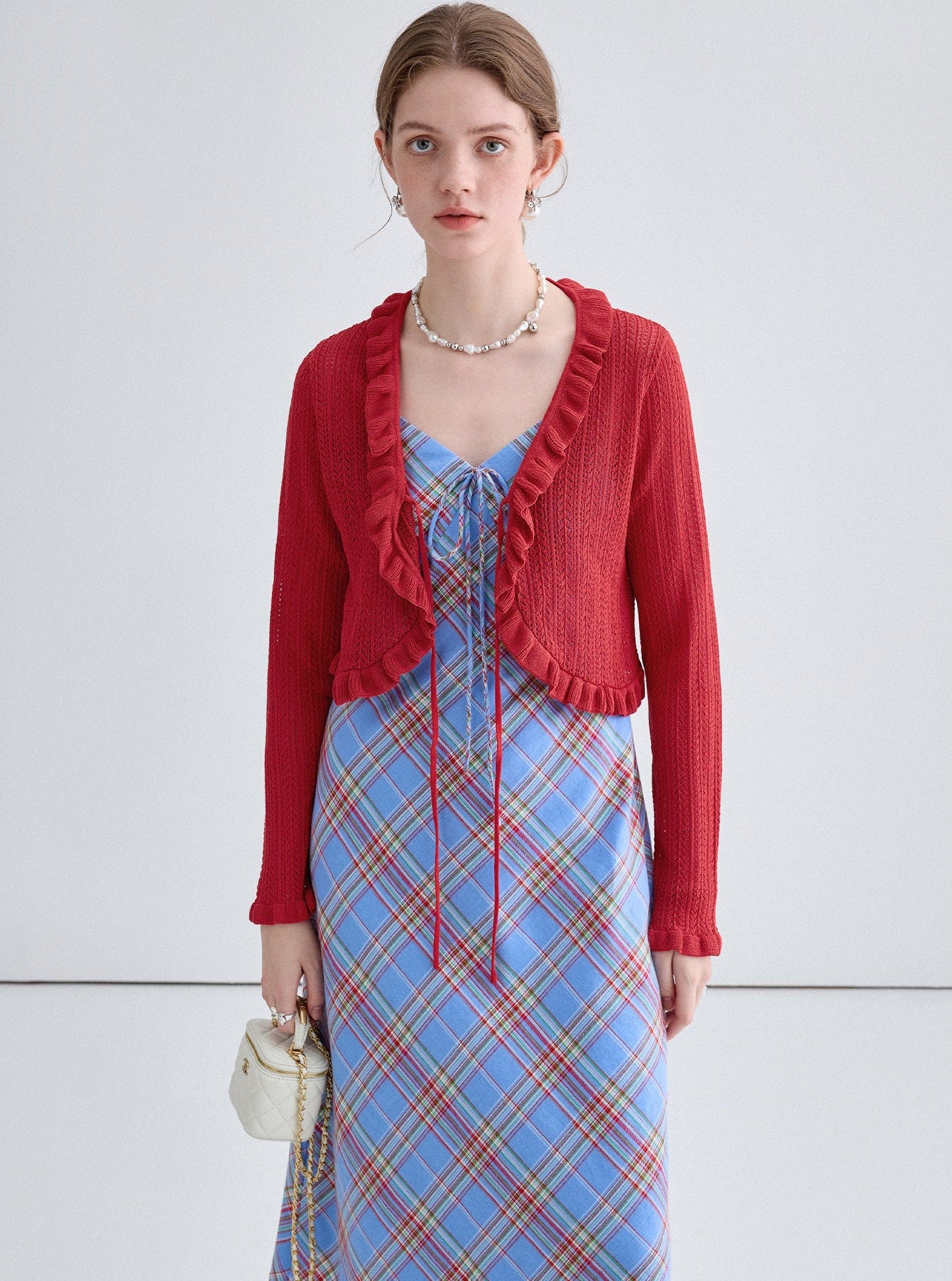 French Niche Cardigan With Check Slip Dress Set-Up