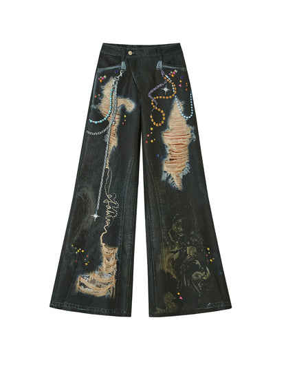 Ripped Faux-Denim Flared Pants