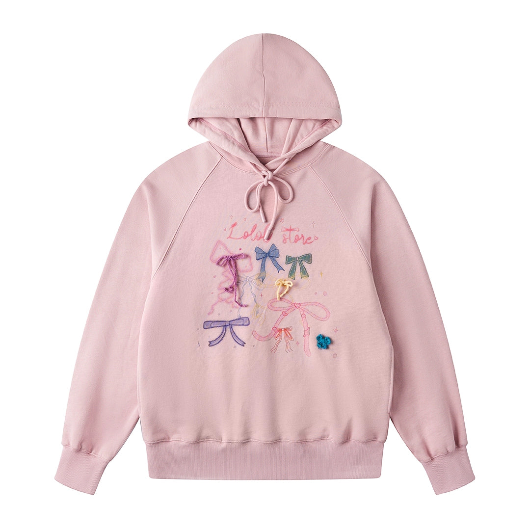 LOLOL ® 24FW Bow Print Hooded Sweatshirt Frauen neue lose schlanke Raglan-Ärmel lässige Jacke