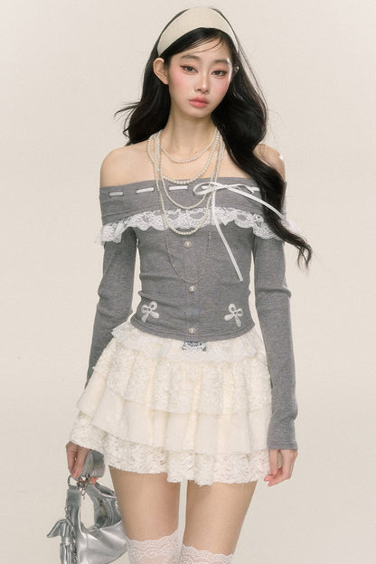 [September 26th 20 o'clock sale] less eye camellia rime one-shoulder lace long-sleeved T-shirt women's early autumn