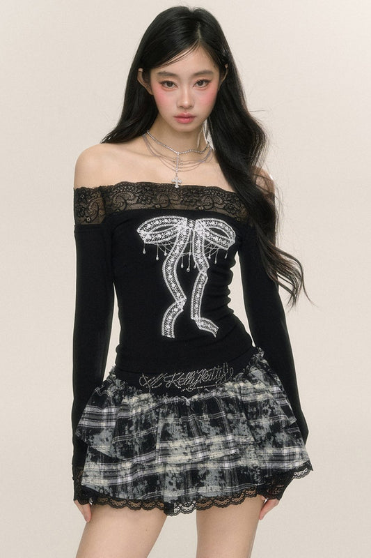 [September 26 at 20 o'clock on sale] less eyes night in Paris long-sleeved one-shoulder lace T-shirt women's early autumn