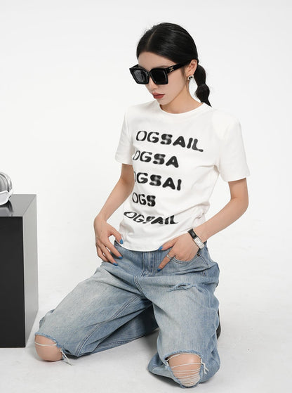 SRYS American Street Schriftzug gedruckt mit gepolsterten Schultern Rundhalsausschnitt Kurzarm T-Shirt Damen Sommer neue Top