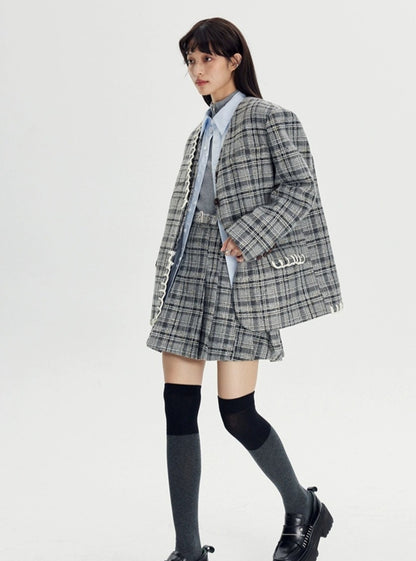 Plaid pleated small coat with skirt set