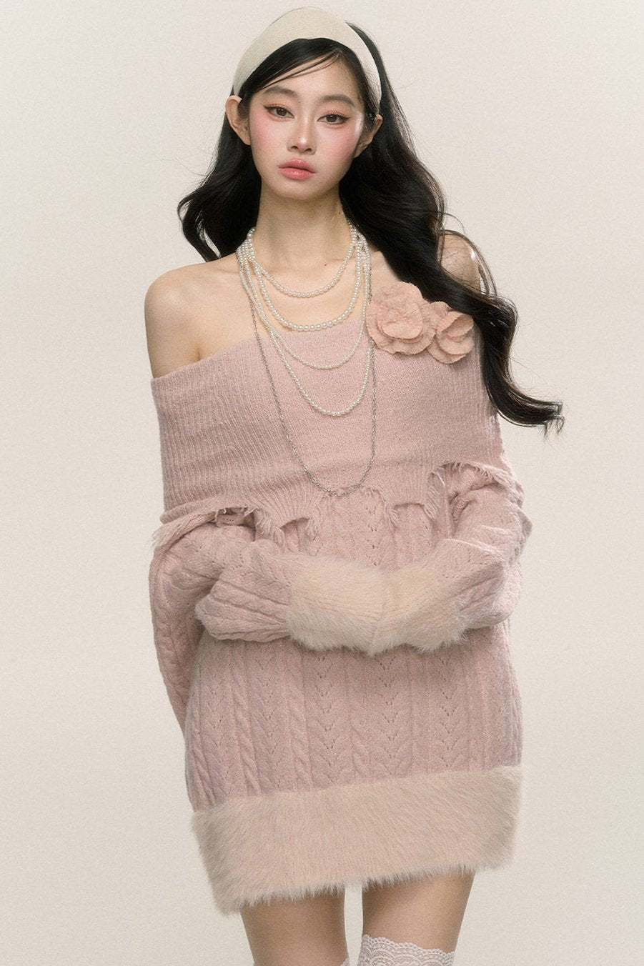 [On sale at 20 o'clock on September 26th] less eye mist pink del one-shoulder loose plush dress women's autumn and winter