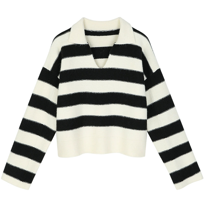 VEGA CHANG Sweater Women's Fall 2024 New Lazy Premium Polo Collar College Style Striped Knit