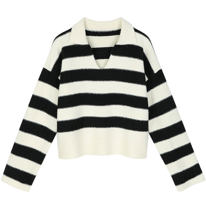 Striped Polo Collar Knit Sweater