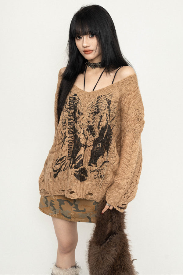 Vintage V-Neck Distressed Knit Top