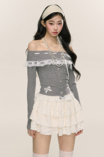 [26. September 20 Uhr Verkauf] less eye camellia rime one-shoulder lace long-sleeved T-shirt women's early autumn