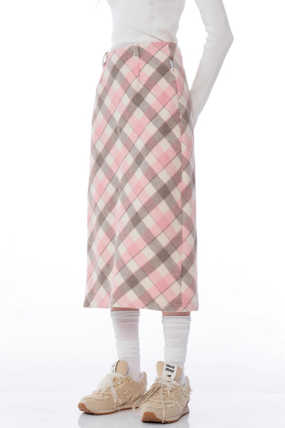 Pink Gray Check Woolen Skirt