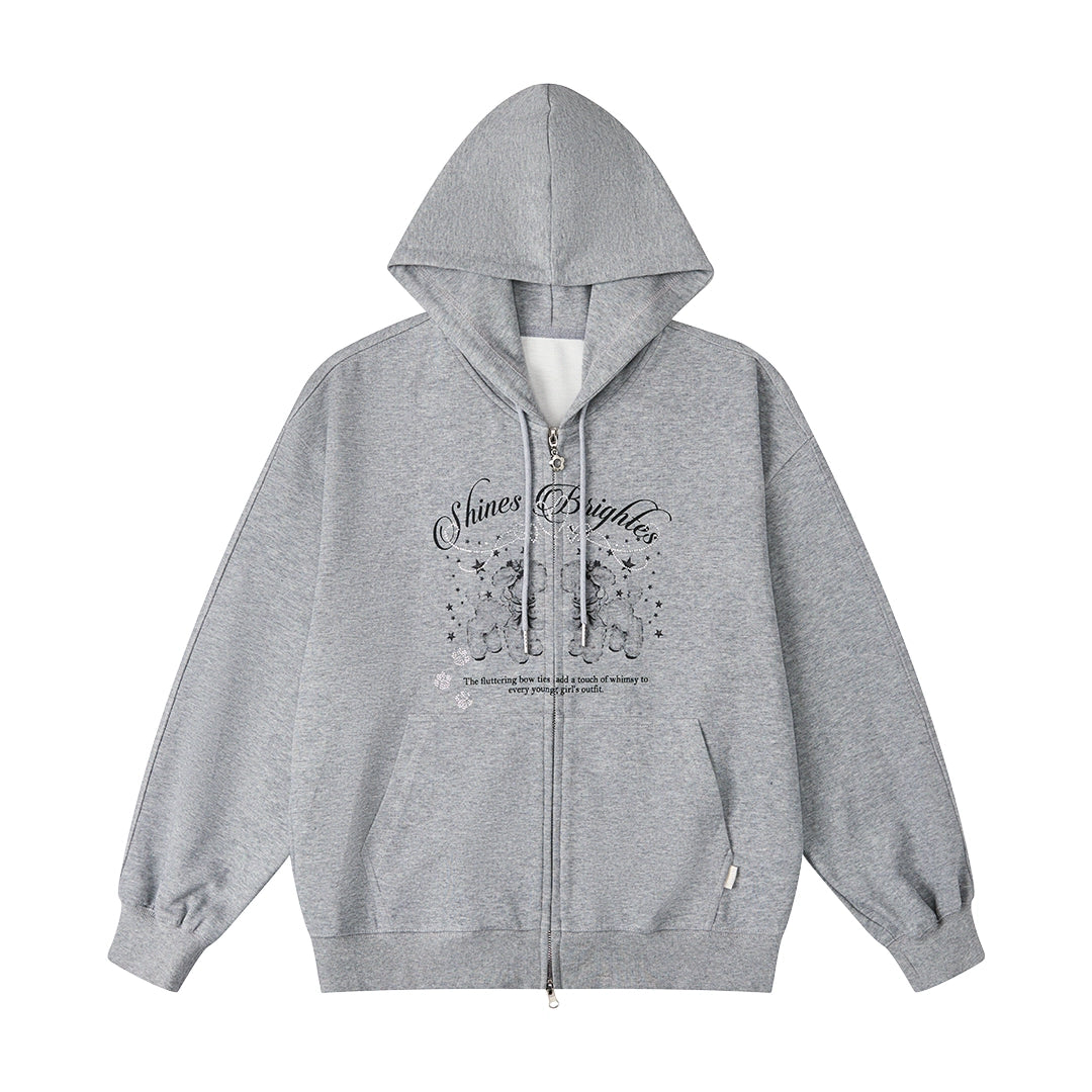 Grey Hooded Double Zipper Sweatshirt Coat